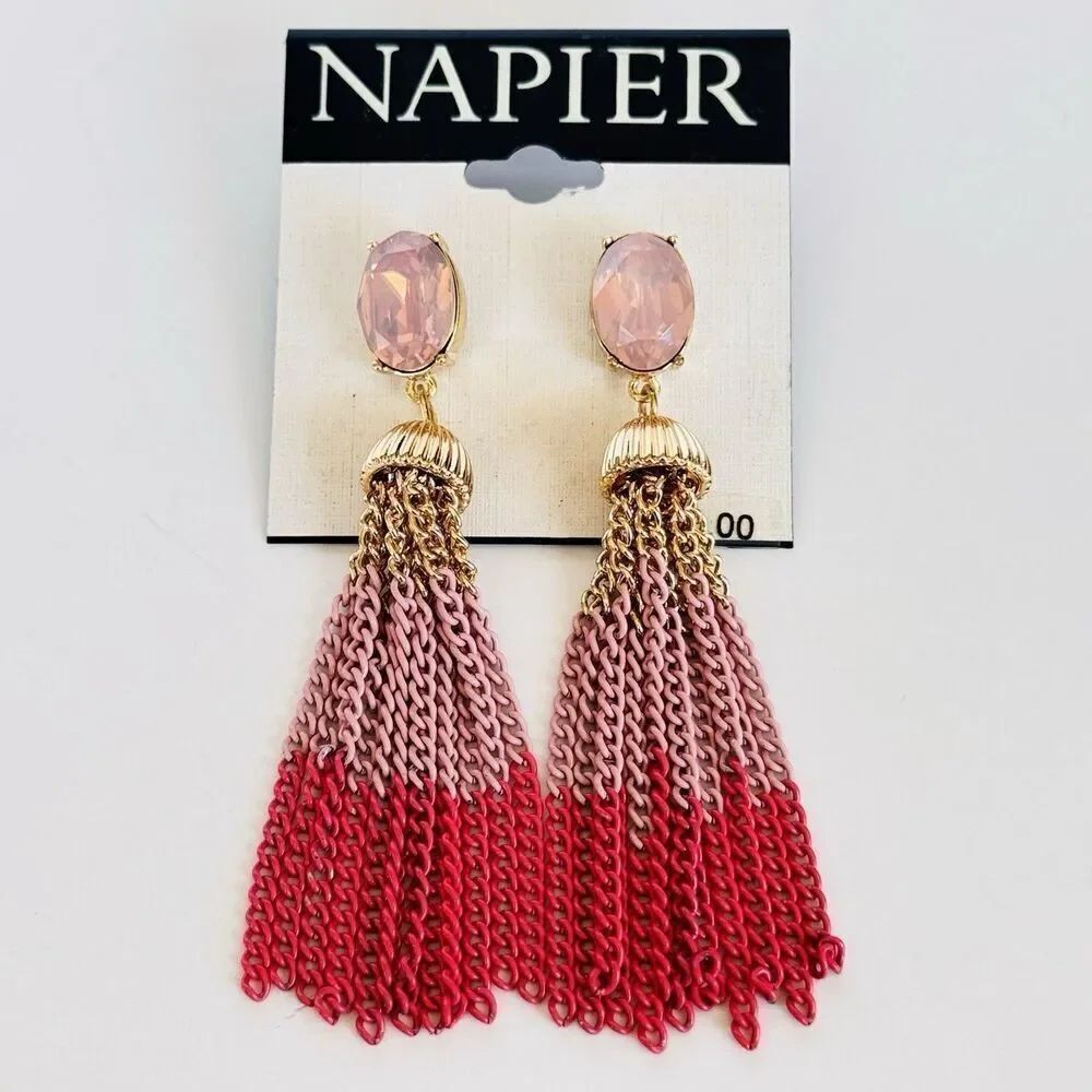 Vintage Napier Gold Tone Chain Ombre Tassel Pink Red Earrings Fringe Pierced
